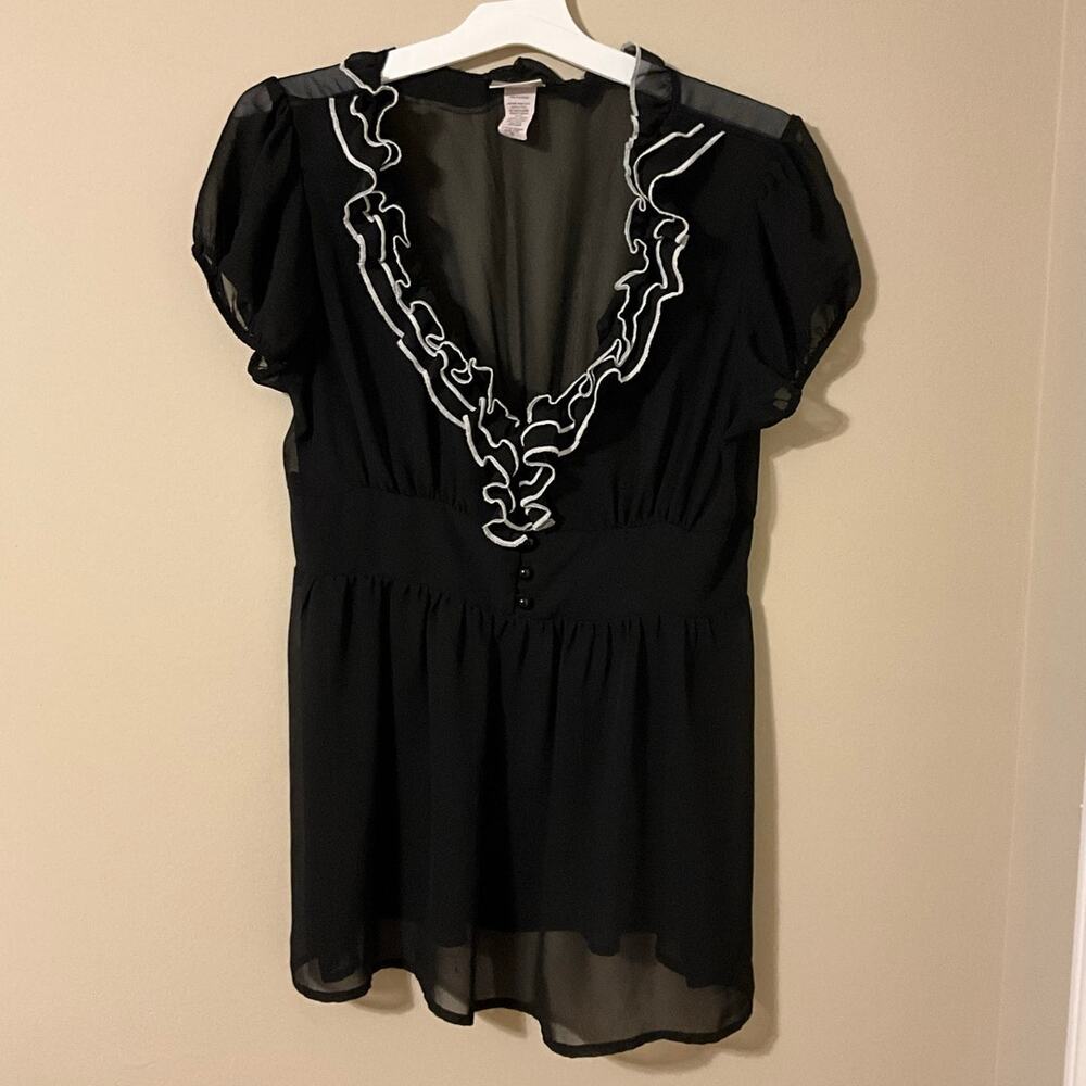 “Pretty Good” Half Button UpBlouse With Ruffles And White Lining